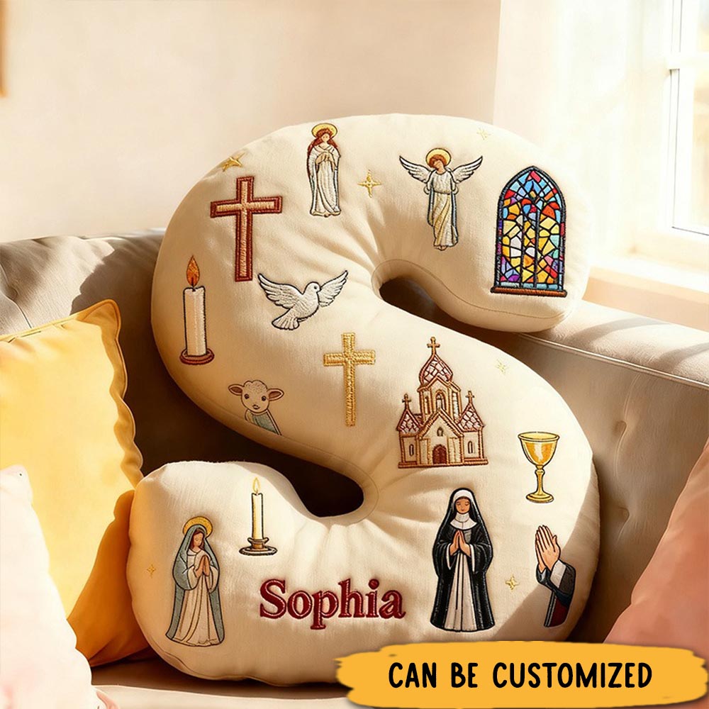 Personalized Mother of God Pray for us Letter Pillow with Custom Name Hoom Decor Catholic Gift Cross Angel Church Virgin Mary Graphic 3D Print Pillow