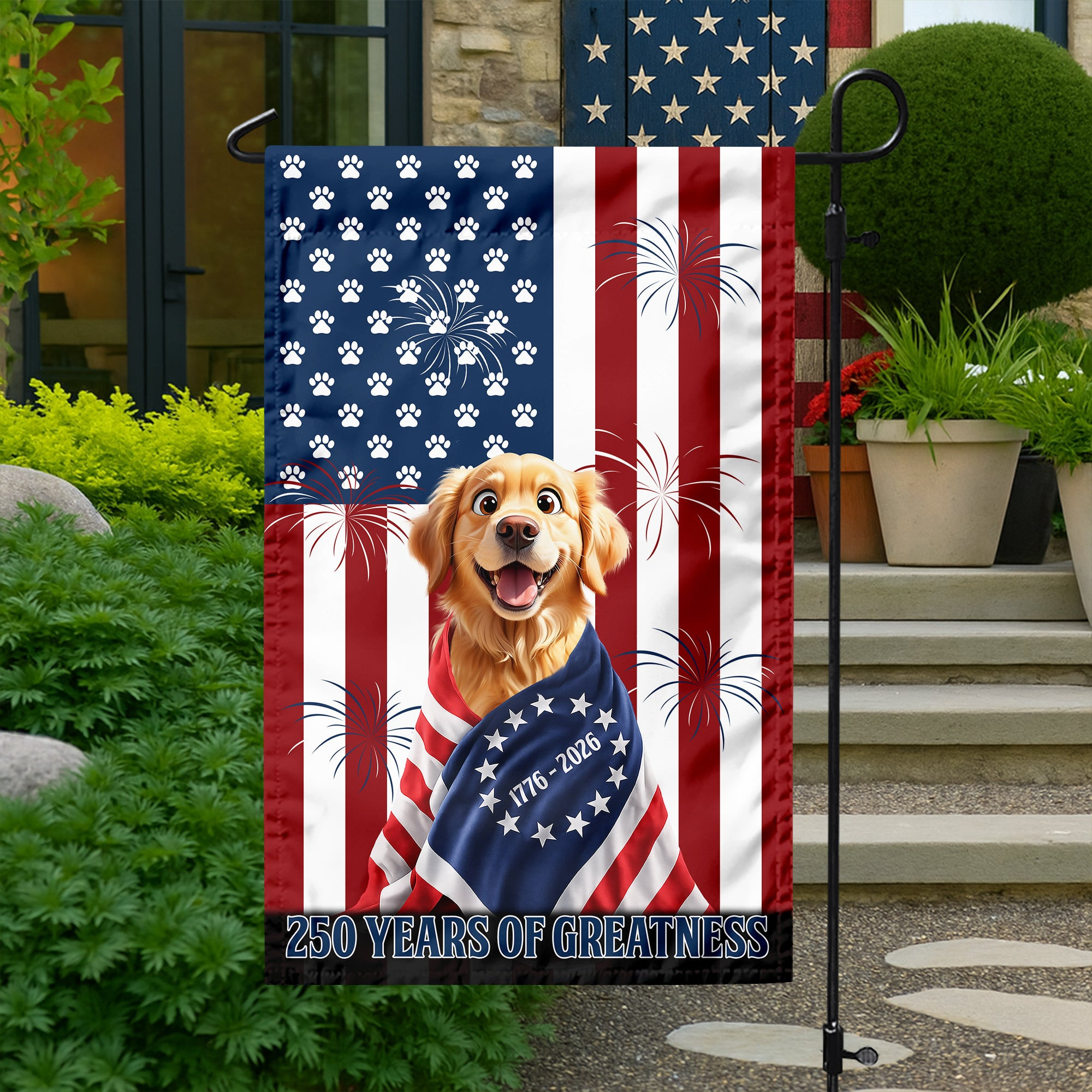 Personalized My Dog Loves America 250 Patriotic Garden Flag July 4Th Decorations Dog Gifts