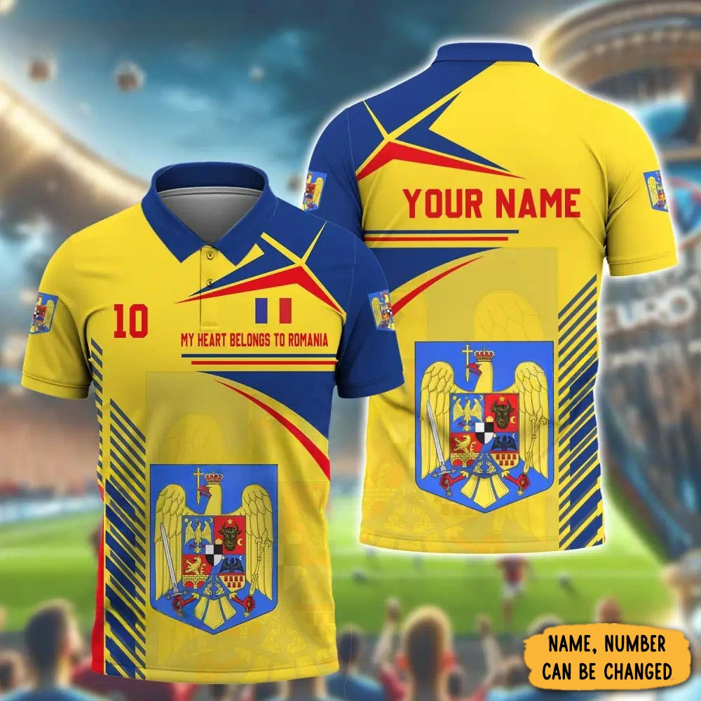 Personalized My Heart Belongs To Romania Polo Shirt Romania National Football Team Clothes