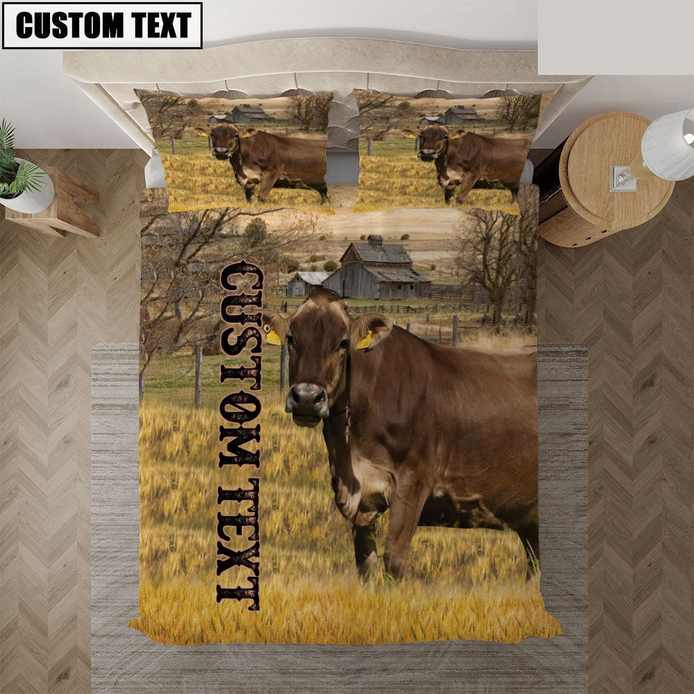 Personalized Name Brown Swiss Cattle On The Farm Bedding Set Couple Gifts