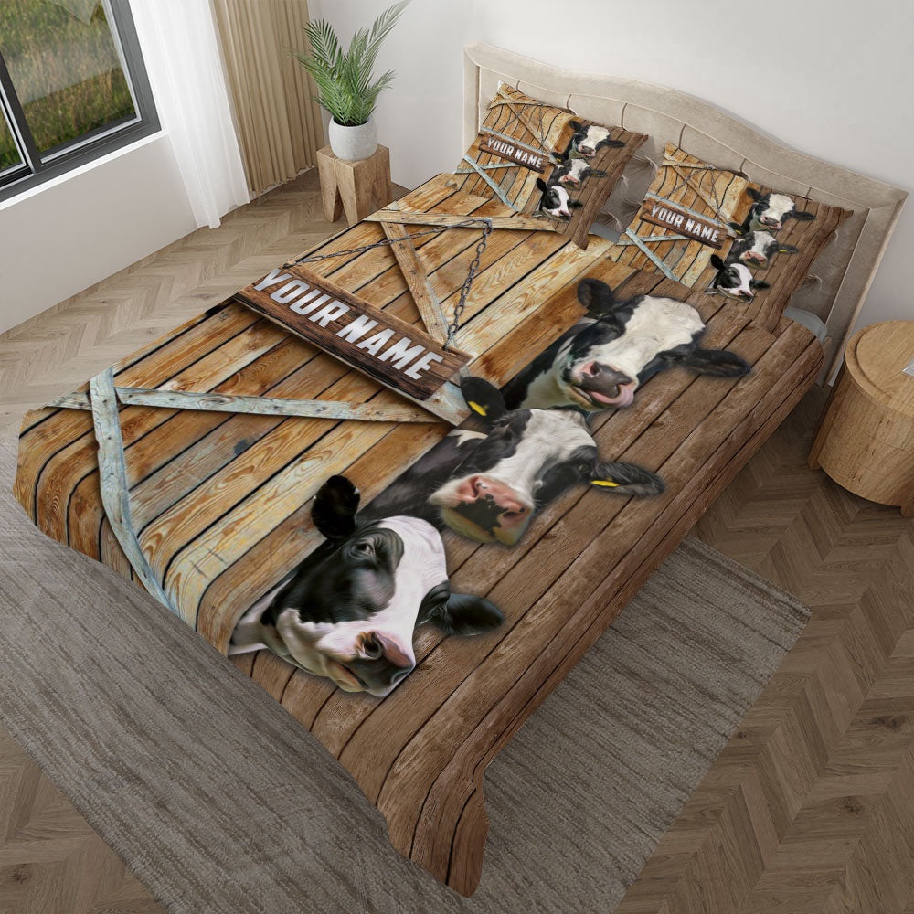 Personalized Name Happy Farm Holstein Wooden Door Bedding Set Farm Bedding Set Couple Gifts