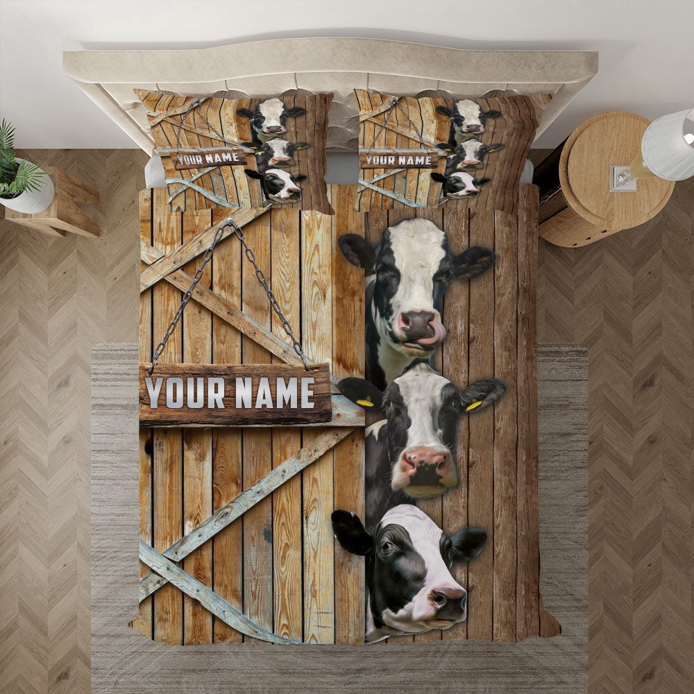 Personalized Name Happy Farm Holstein Wooden Door Bedding Set Farm Bedding Set Couple Gifts