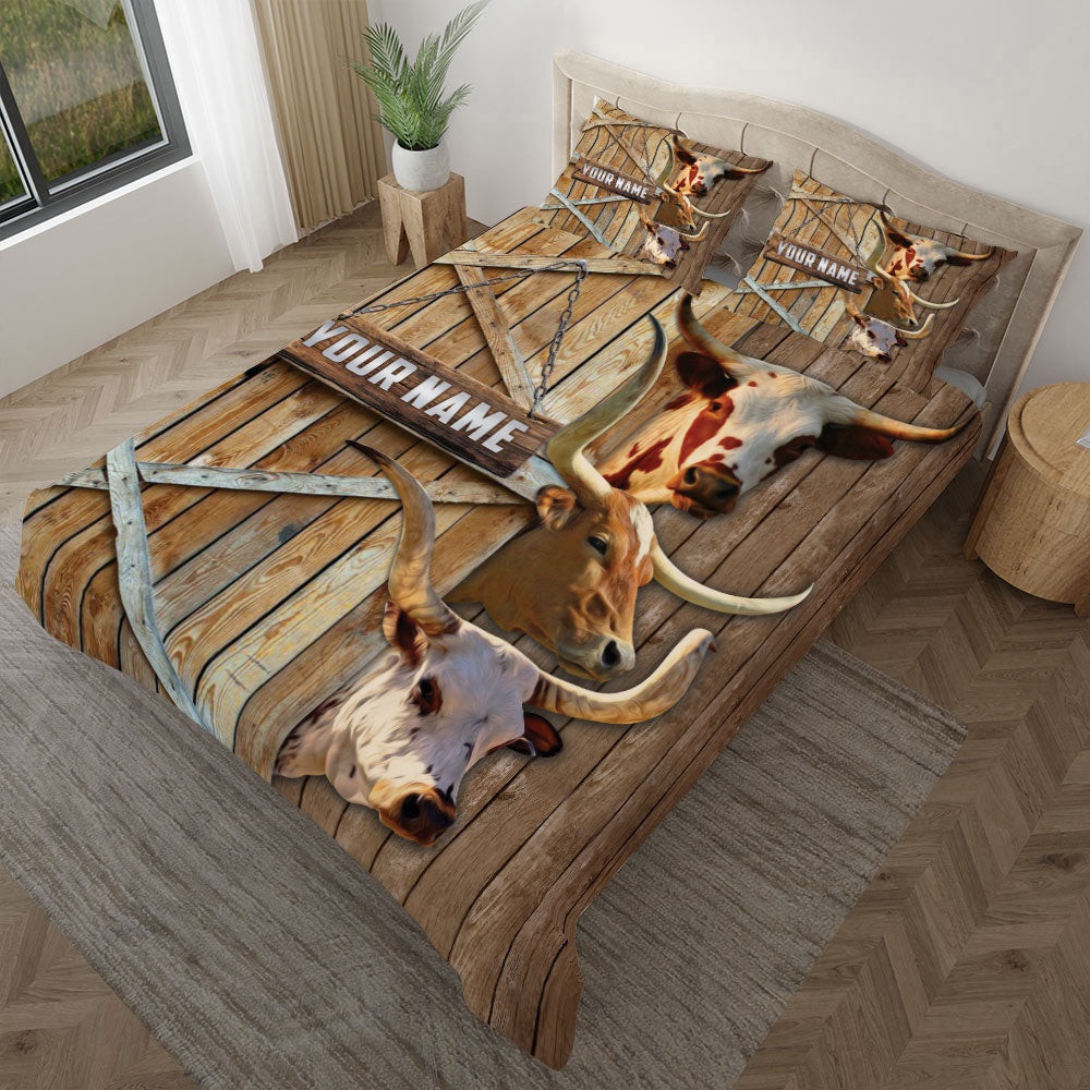 Personalized Name Happy Farm Longhorn Wooden Door Bedding Set Farm Bedding Set Couple Gifts
