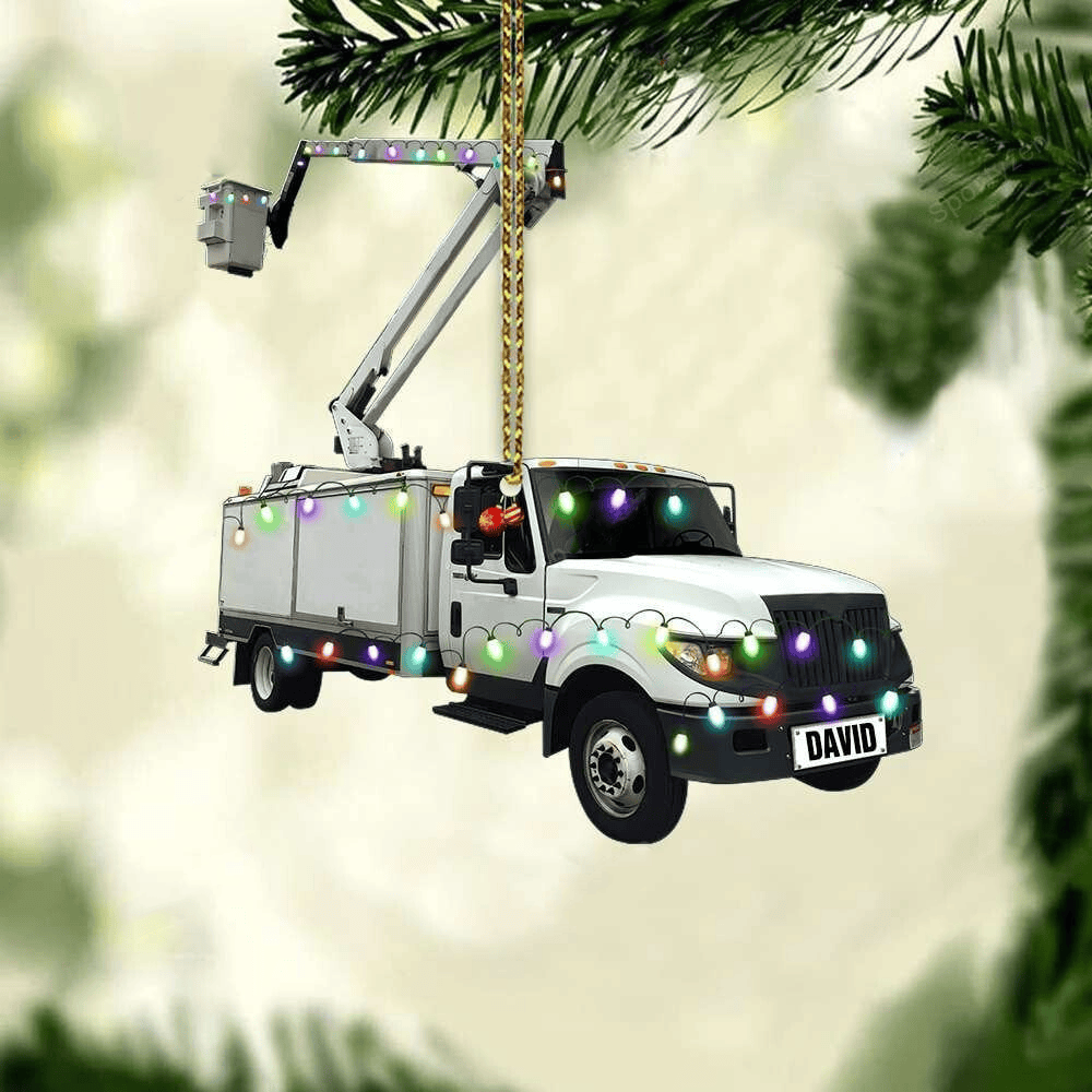 Personalized Name Lineman Bucket Truck Merry Christmas Shaped Ornament Gift for Lineman