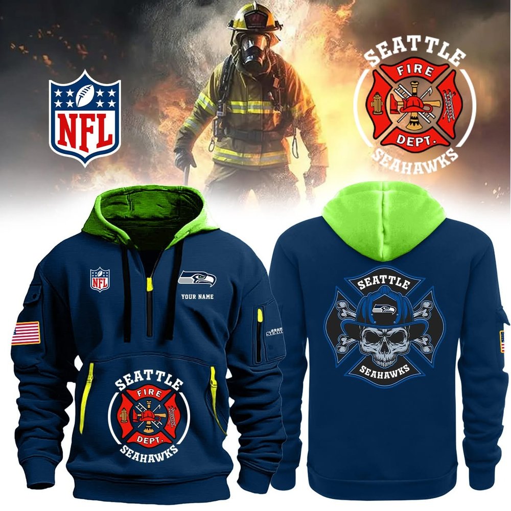 Personalized Name Seattle Seahawks Fire Dept Navy Quarter Zip Hoodie Seattle Seahawks Merch Best Gifts For Football Players