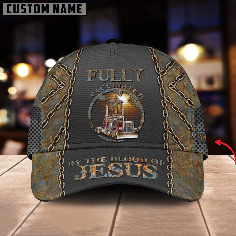 Personalized Name Vaccinated By Blood Of Jesus Yellow Trucker Classic Cap 2024 Farmer Baseball Cap