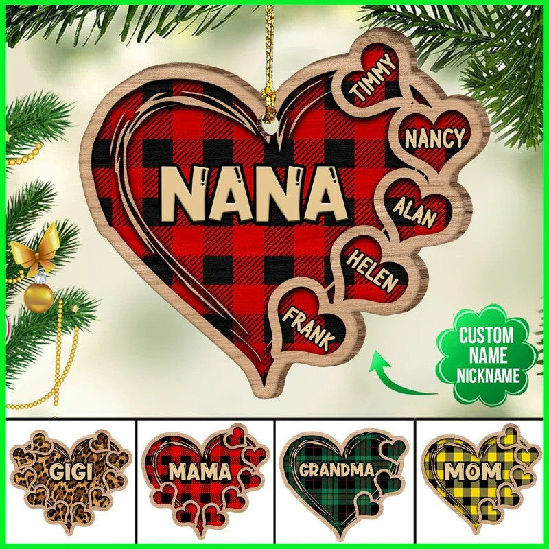 Personalized Nana Christmas Heart Wood Ornament with Grandkids for Grandma