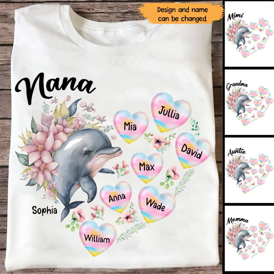 Personalized Nana Grandma Dolphin Hearts With Kid Names T-Shirt Mother's Day Shirt Unique Gifts For Mom