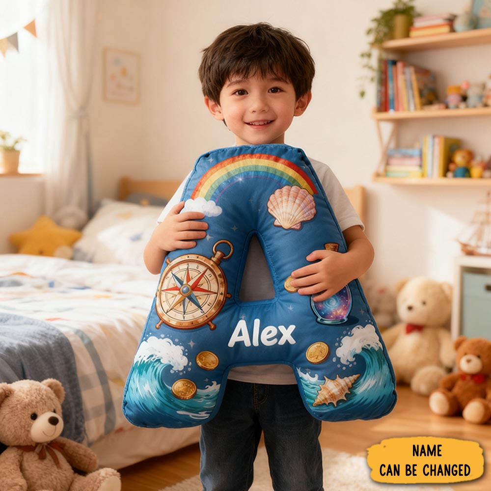 Personalized Nautical Adventure Pillow With Compass Waves Rainbow Shells Gold Coins And Magic Bottle Design Graphic 3d Print Pillow