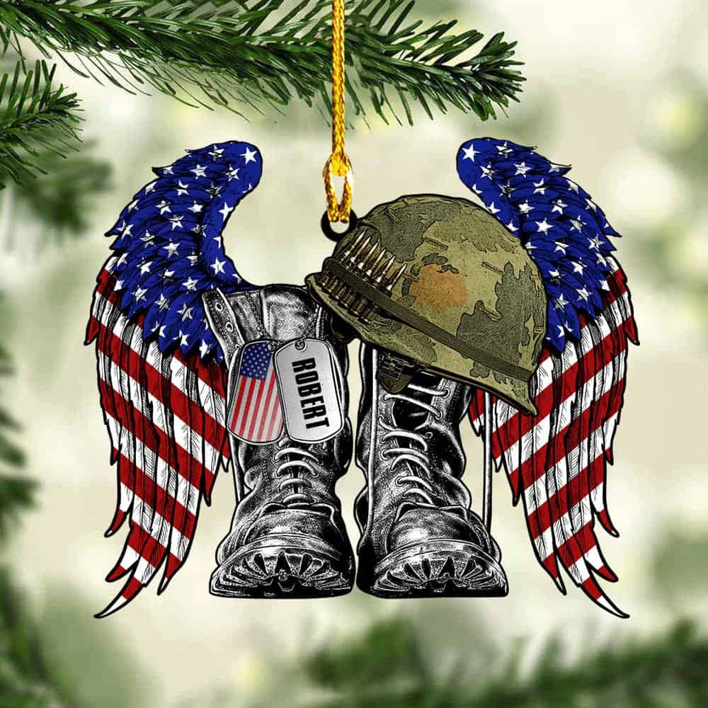 Personalized Never Forget Personalized Military Boots Hat Wing Acrylic Ornament Memorial Gift For Veteran