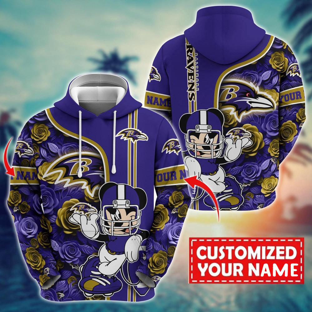 Personalized NFL Baltimore Ravens Mickey Mouse Flower Hoodie Football Related Gifts
