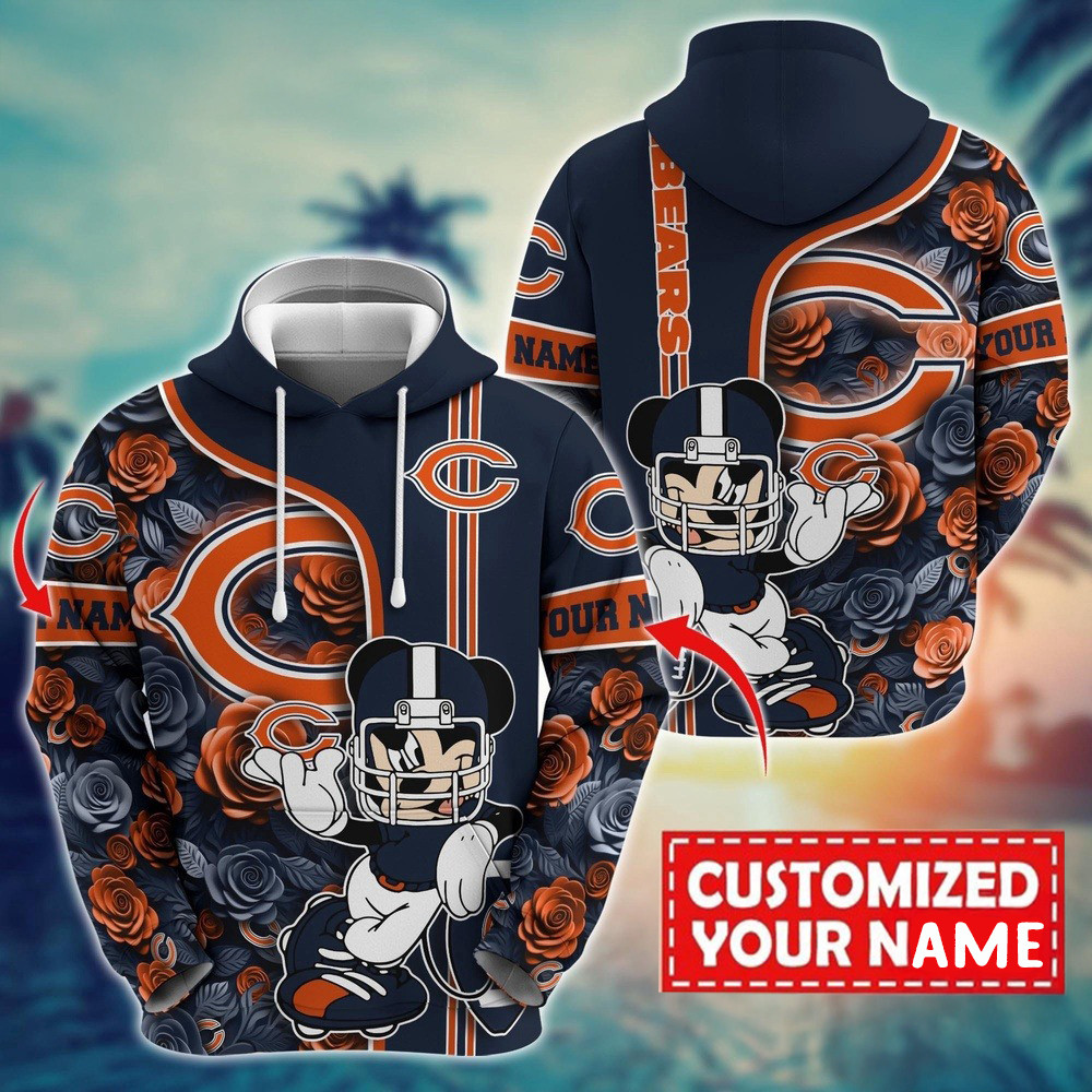 Personalized NFL Chicago Bears Mickey Mouse Flower 3D Print Hoodie Football Fan Gift Ideas