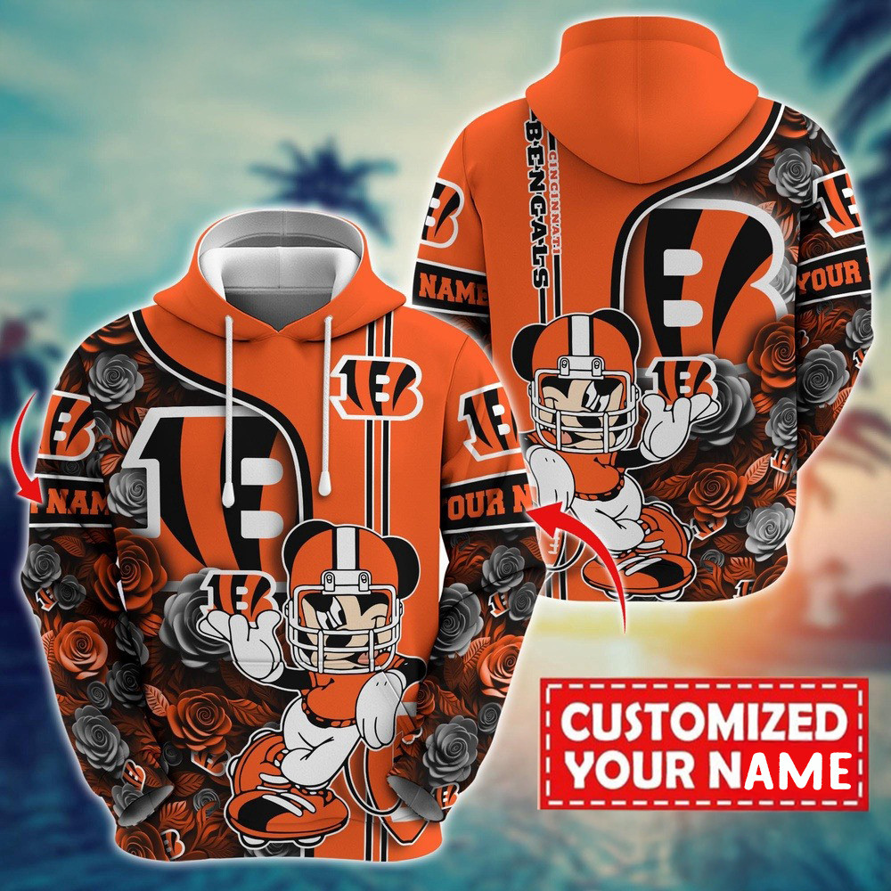 Personalized NFL Cincinnati Bengals Mickey Mouse Flower 3D Print Hoodie Football Gifts For Men