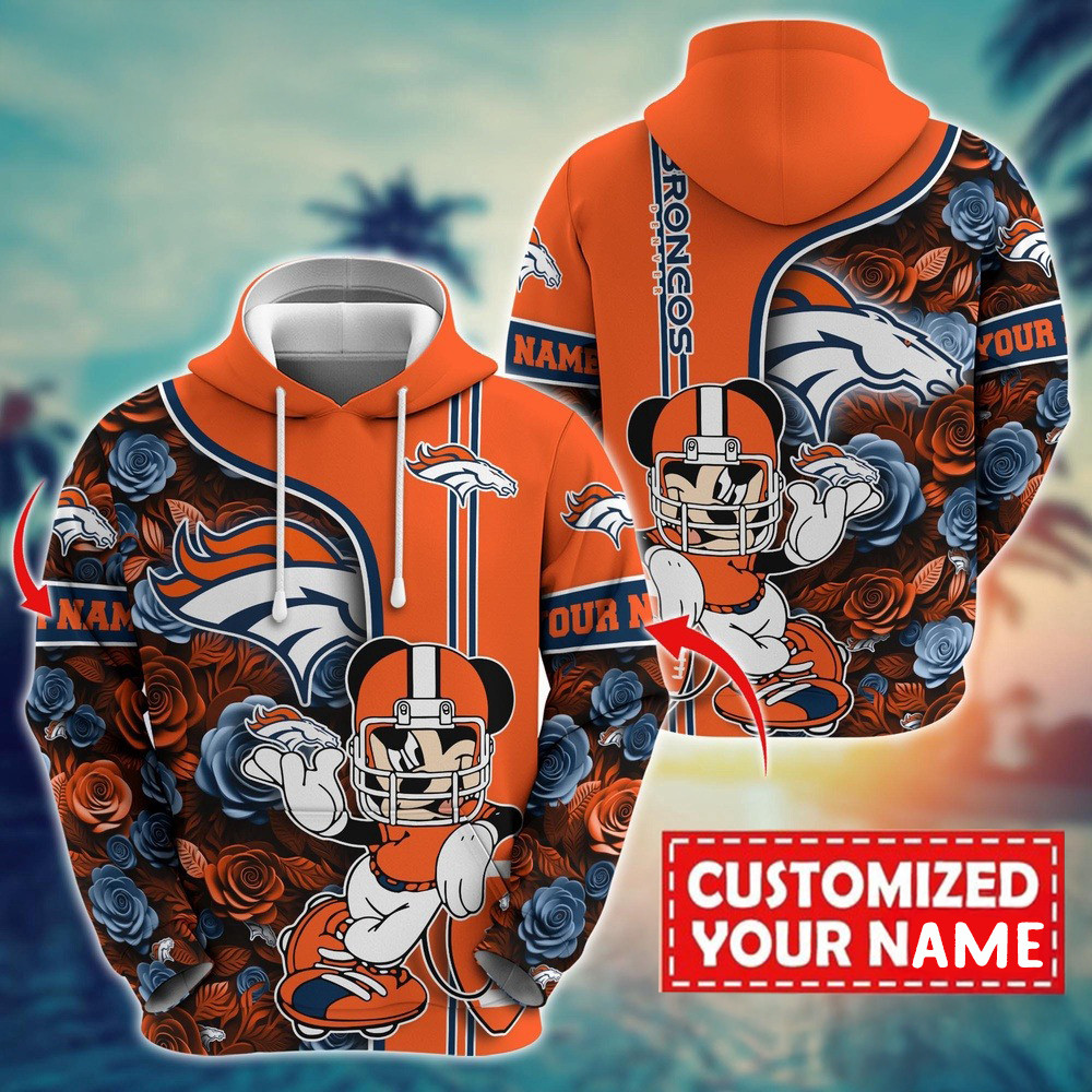 Personalized NFL Denver Broncos Mickey Mouse Flower 3D Print Hoodie Football Related Gifts