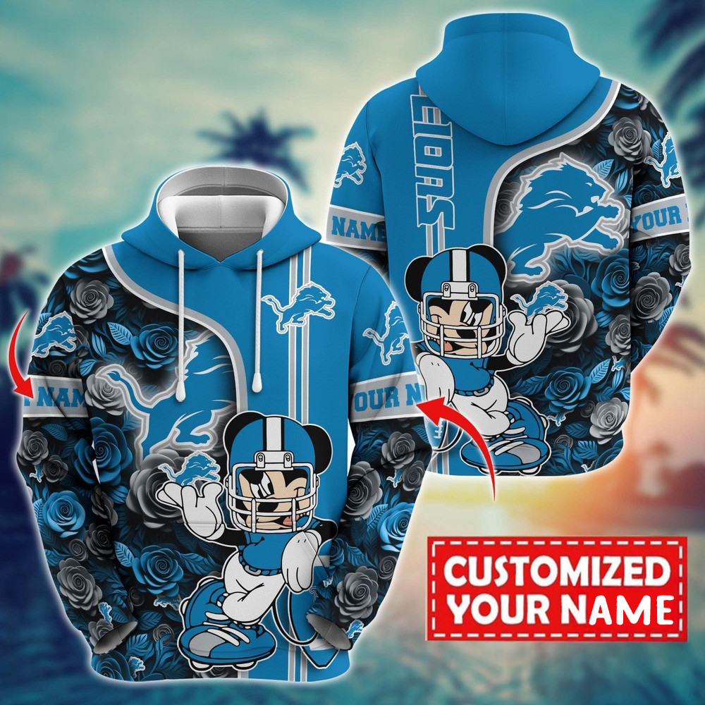 Personalized NFL Detroit Lions Mickey Mouse Flower 3D Print Hoodie Best Gifts For Nfl Fans