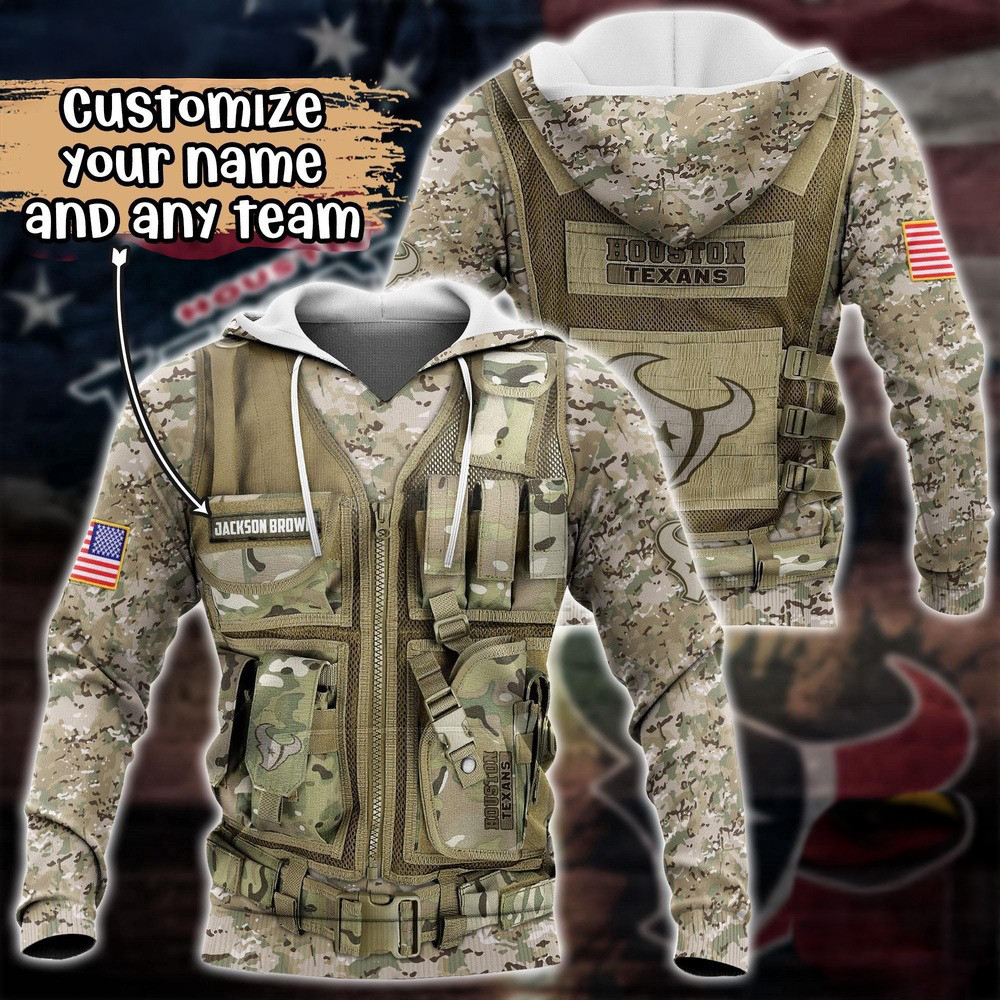 Personalized NFL Houston Texans Camo Military Hoodie Football Gifts For Men