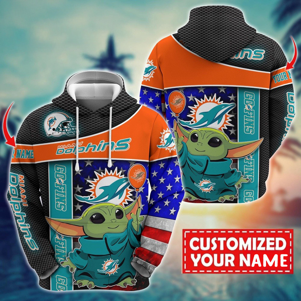 Personalized NFL Miami Dolphins Baby Yoda Hoodie Best Gift For Football Lovers