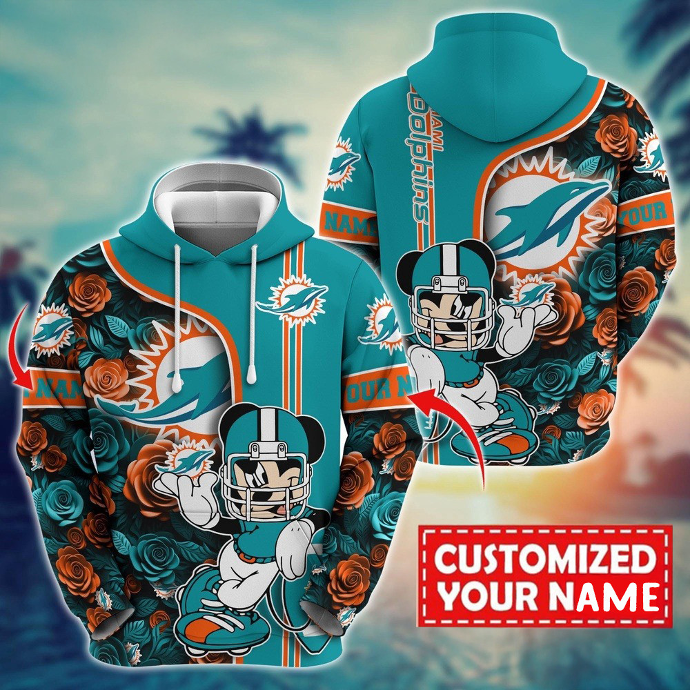 Personalized NFL Miami Dolphins Mickey Mouse Flower Hoodie Football Gifts For Men