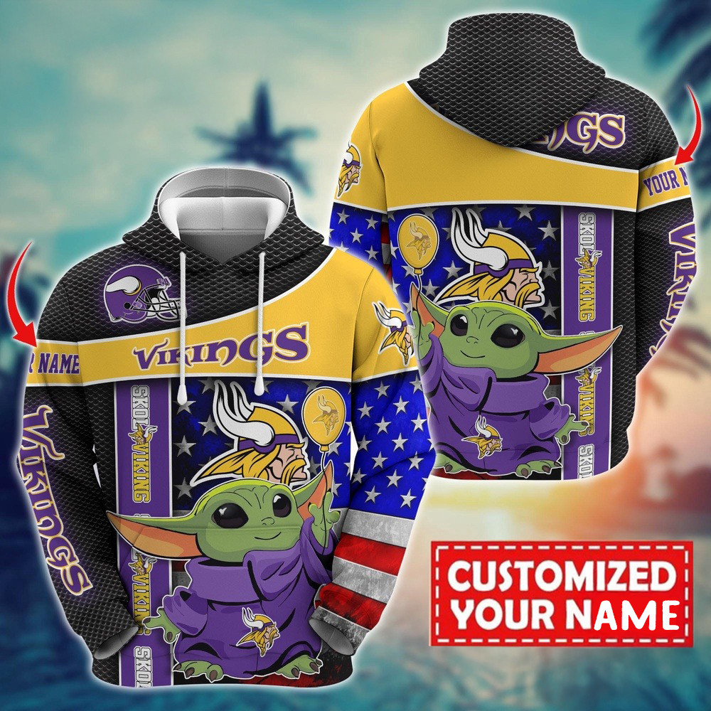 Personalized NFL Minnesota Vikings Baby Yoda Hoodie Football Themed Gifts