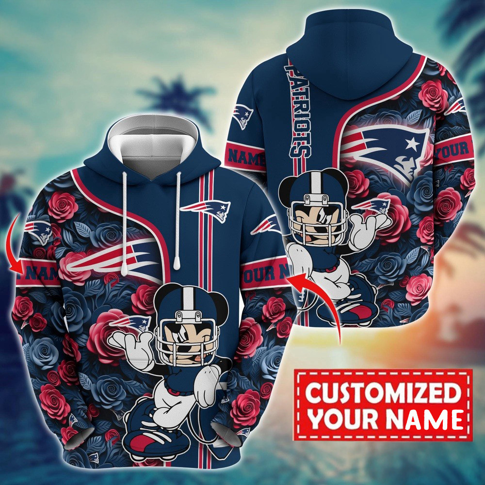 Personalized NFL New England Patriots Mickey Mouse Flower Hoodie Best Gifts For NFL Fans