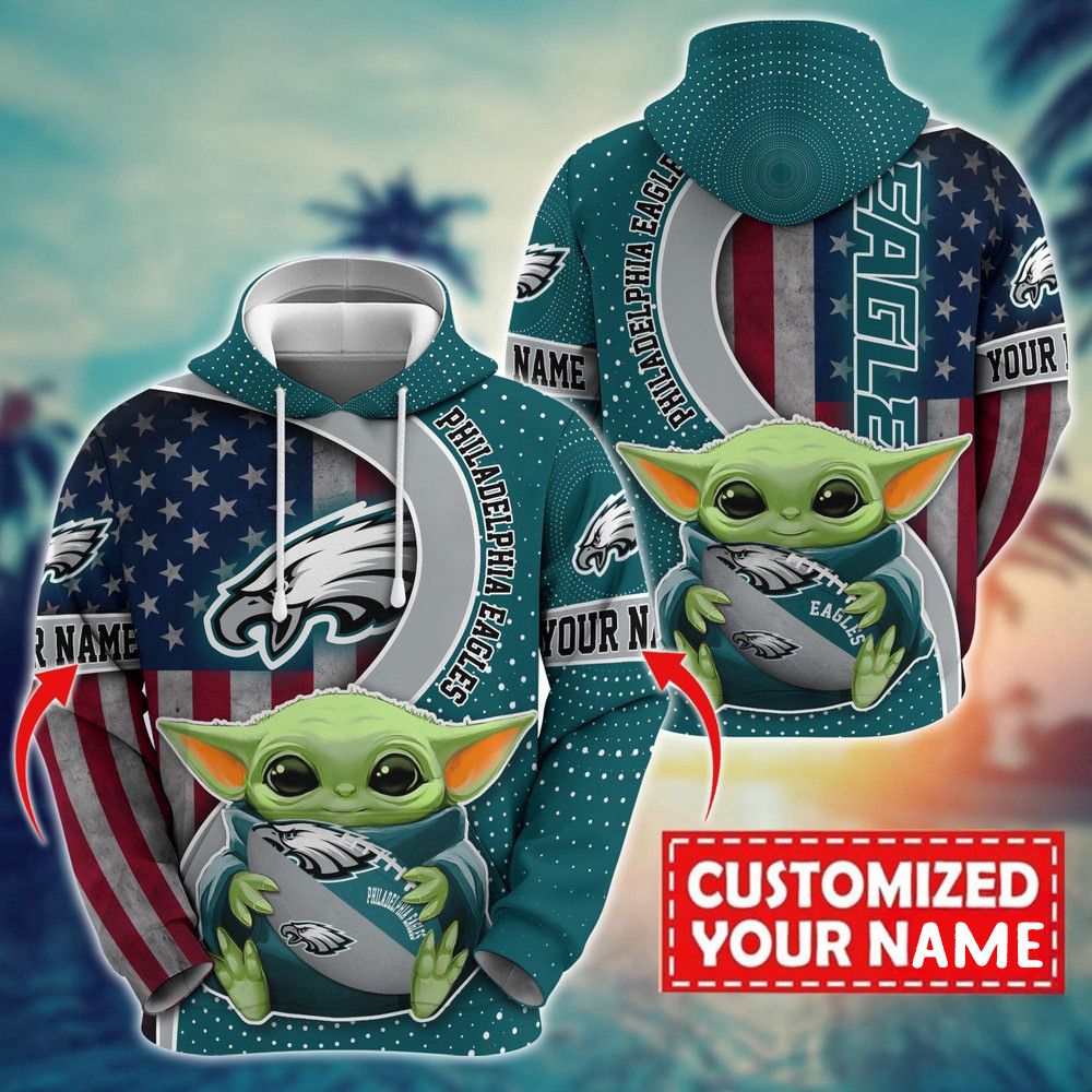 Personalized NFL Philadelphia Eagles Baby Yoda Hoodie For Fans Son Gifts