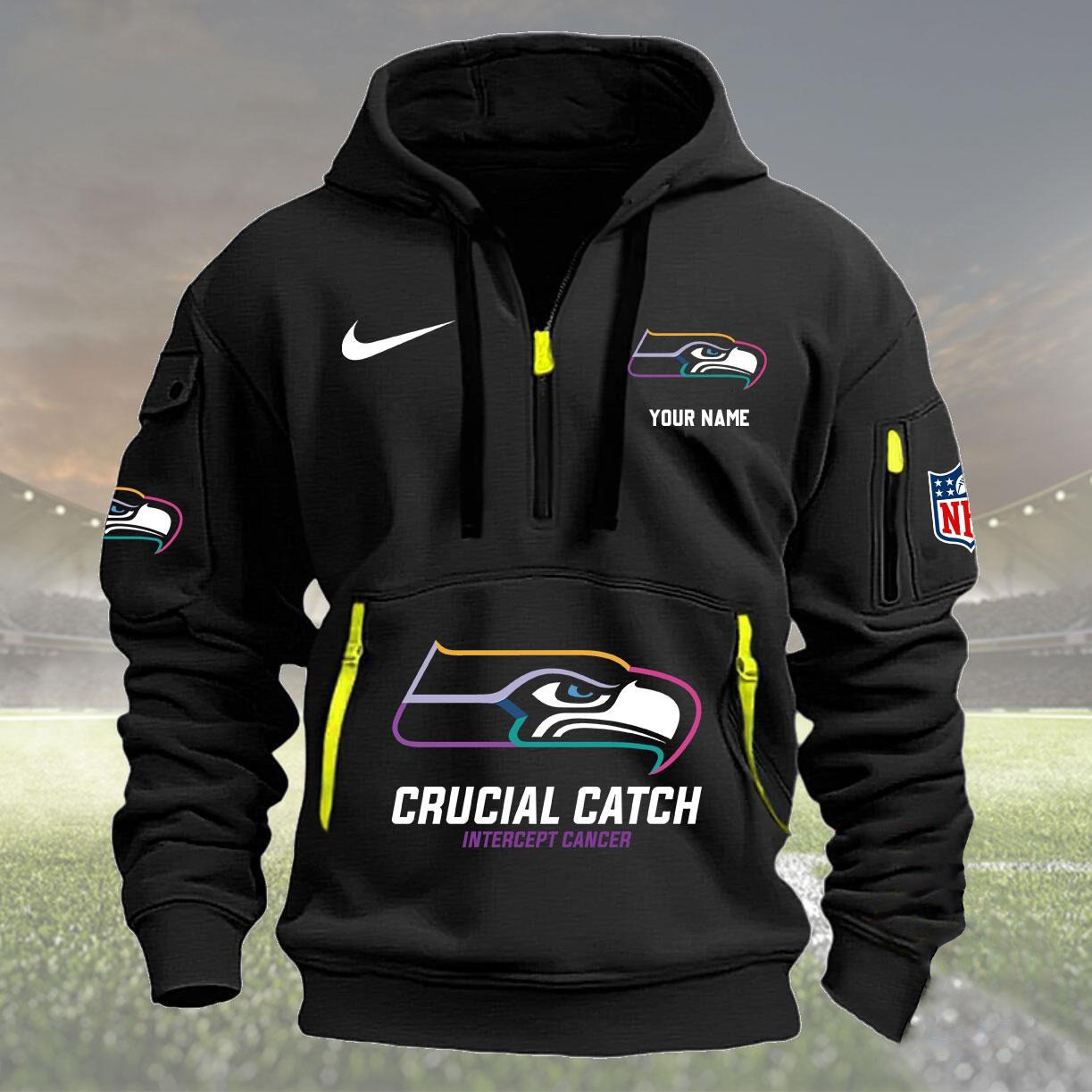 Personalized NFL Seattle Seahawks 2024 Half Zip Hoodie Crucial Catch Intercept Cancer