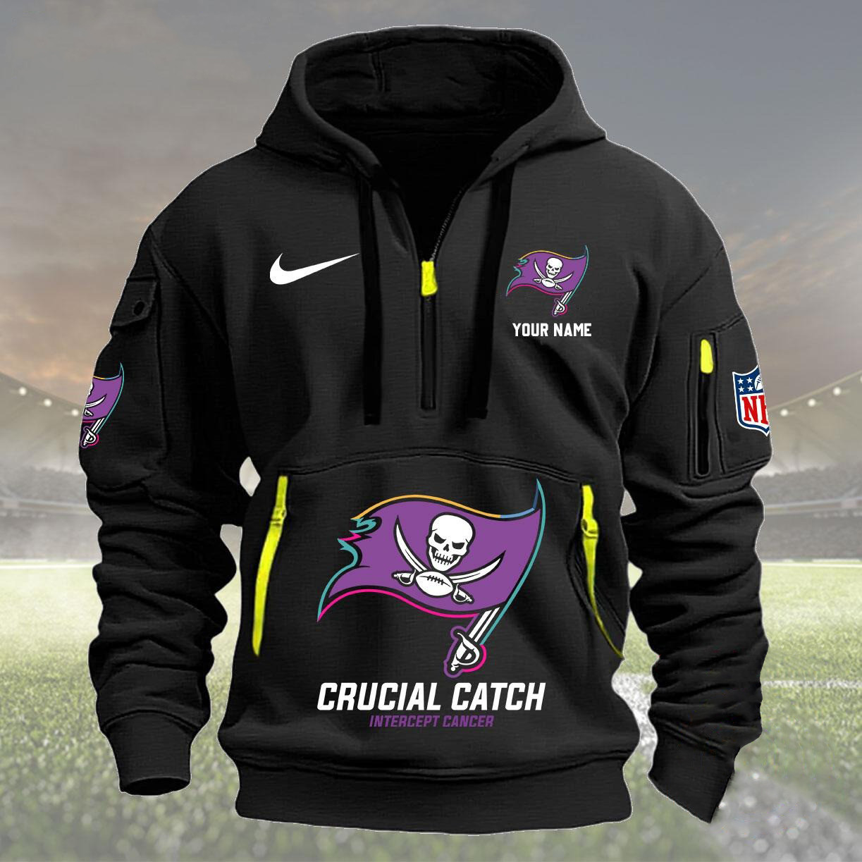 Personalized NFL Tampa Bay Buccaneers 2024 Half Zip Hoodie Crucial Catch Intercept Cancer