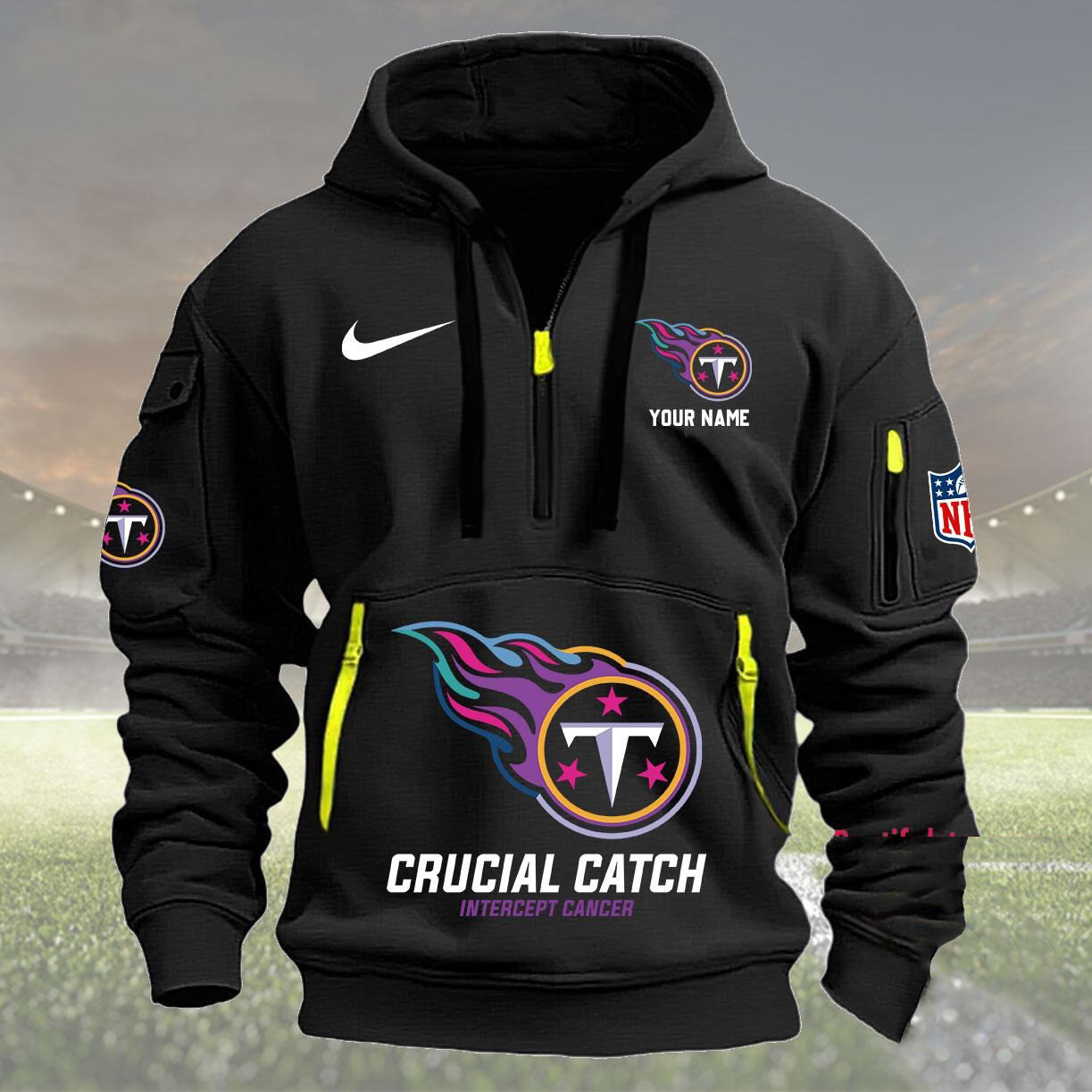Personalized NFL Tennessee Titans 2024 Quarter Zip Hoodie Crucial Catch Intercept Cancer