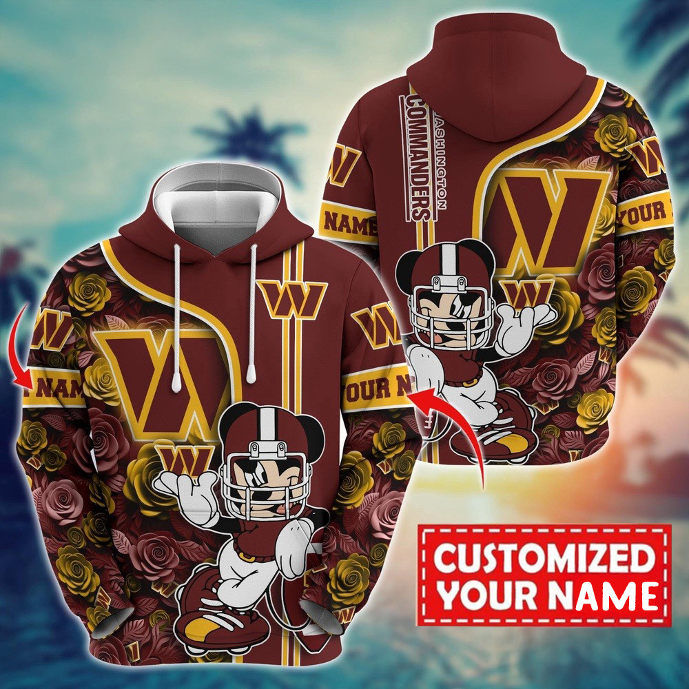 Personalized NFL Washington Commanders Mickey Mouse Flower 3D Hoodie Football Gifts For Men