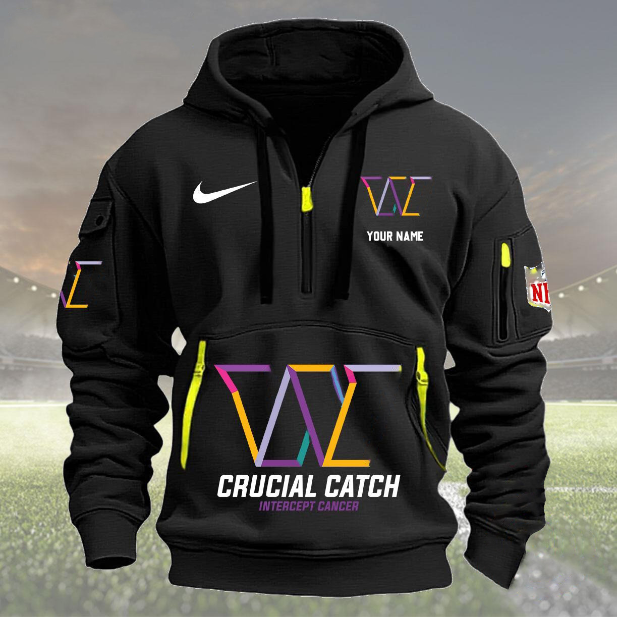 Personalized NFL Washington Commanders Quarter Zip Hoodie Crucial Catch Intercept Cancer