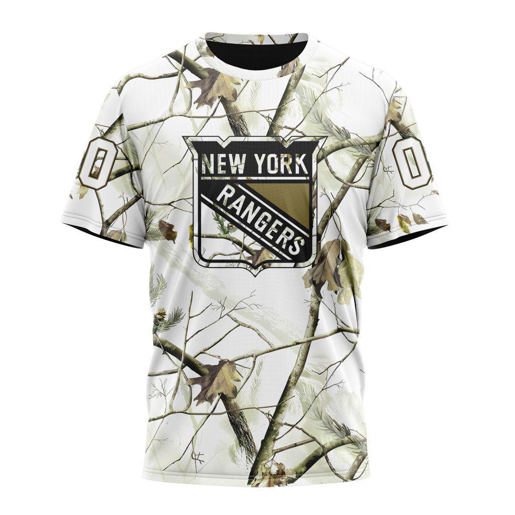 Personalized NHL New York Rangers White Winter Hunting Camo T-Shirt Hockey Fan Gifts