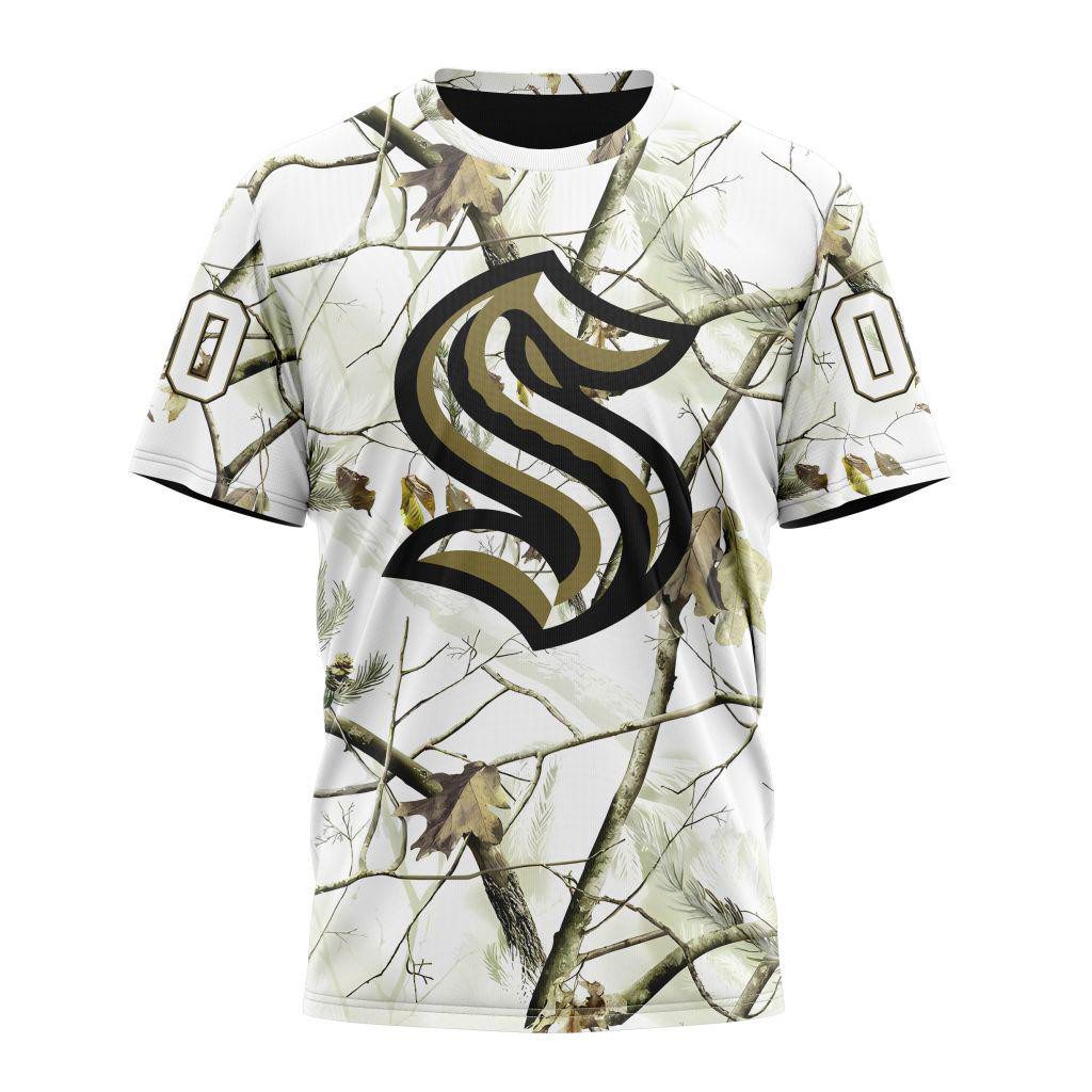 Personalized NHL Seattle Kraken White Winter Hunting Camo T-Shirt Hockey Fan Gifts For Son