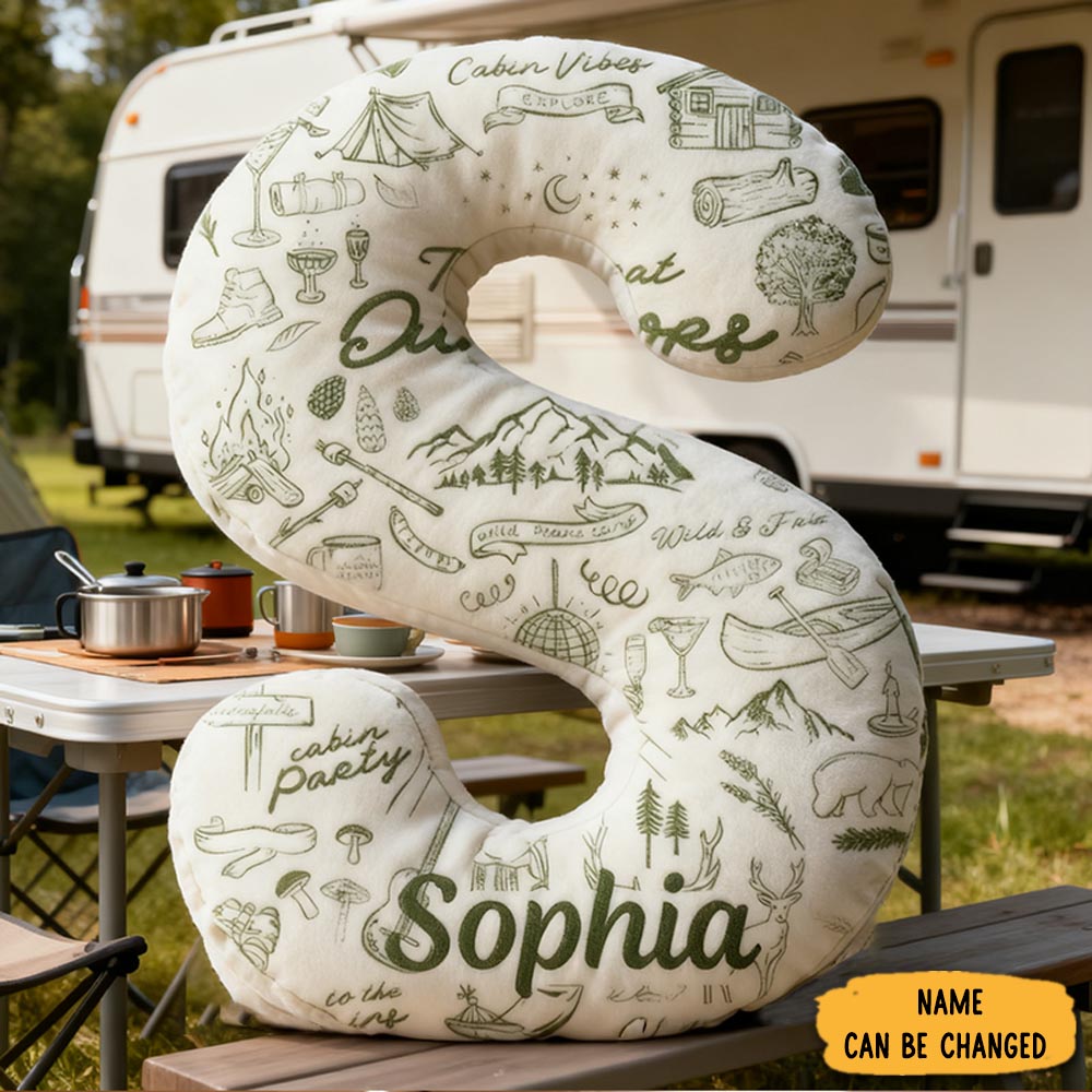 Personalized Outdoor Whimsical Pillow Drawn Elements Cabin Party Camping Wilderness Pillow Gift For Adventure Outdoor Canping Lover