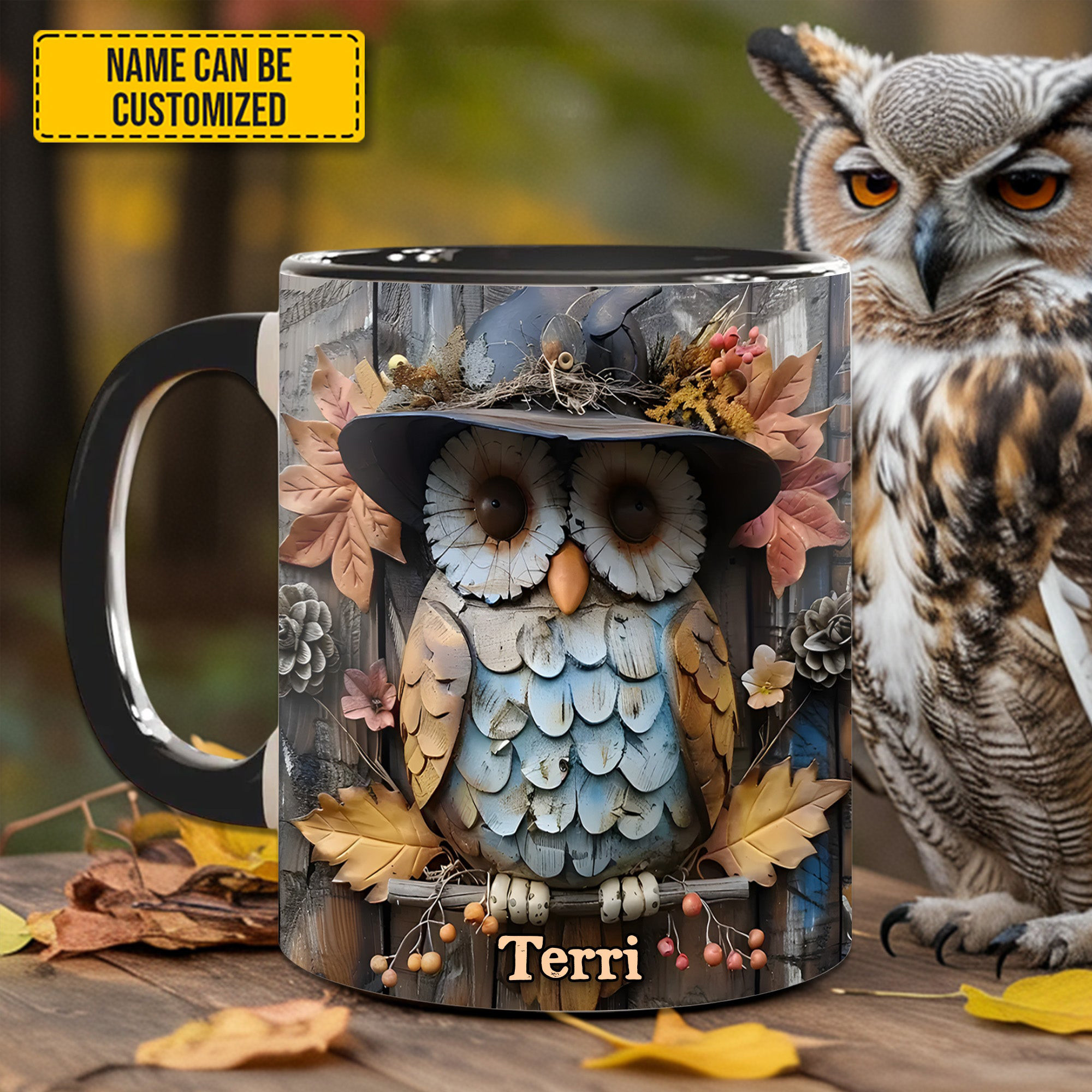 Personalized Owl Wearing Hat Mug Autumn Vibe Animal Coffee Mug Gifts For Owl Lovers