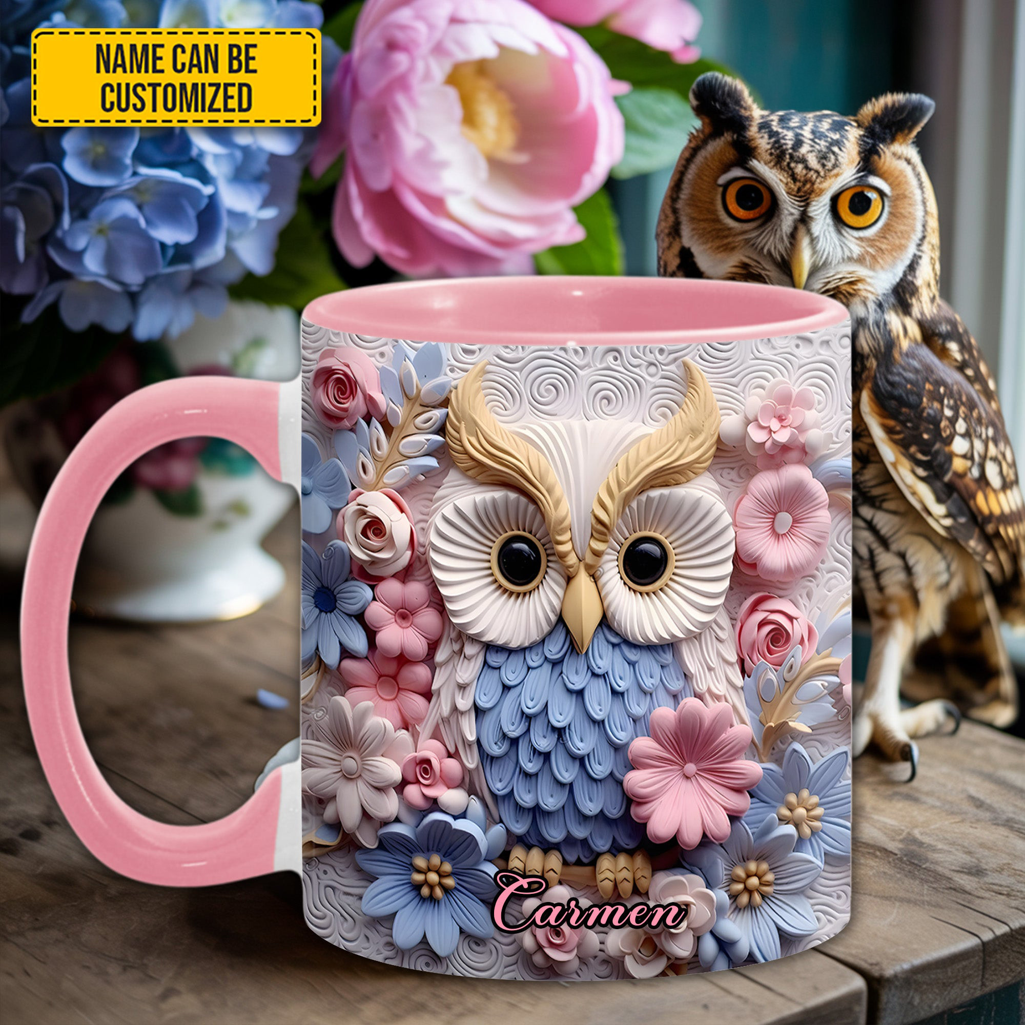 Personalized Owl With Flowers Mug Floral Design Animal Coffee Mug Owl Themed Gifts