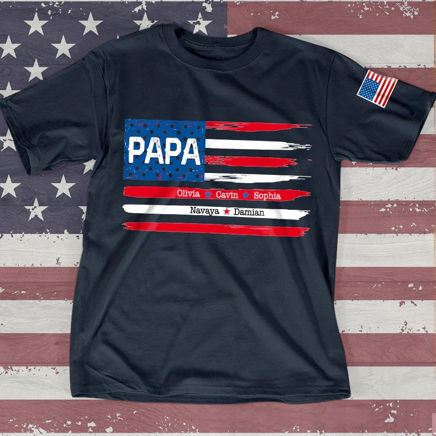 Personalized Papa T Shirt American Flag Stripe Family Names Special Fathers Day Gift Ideas