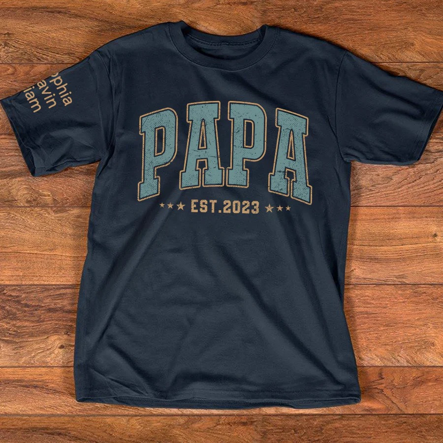 Personalized Papa T Shirt Est 2023 College Letter Style Family Names Fathers Day Gift Ideas
