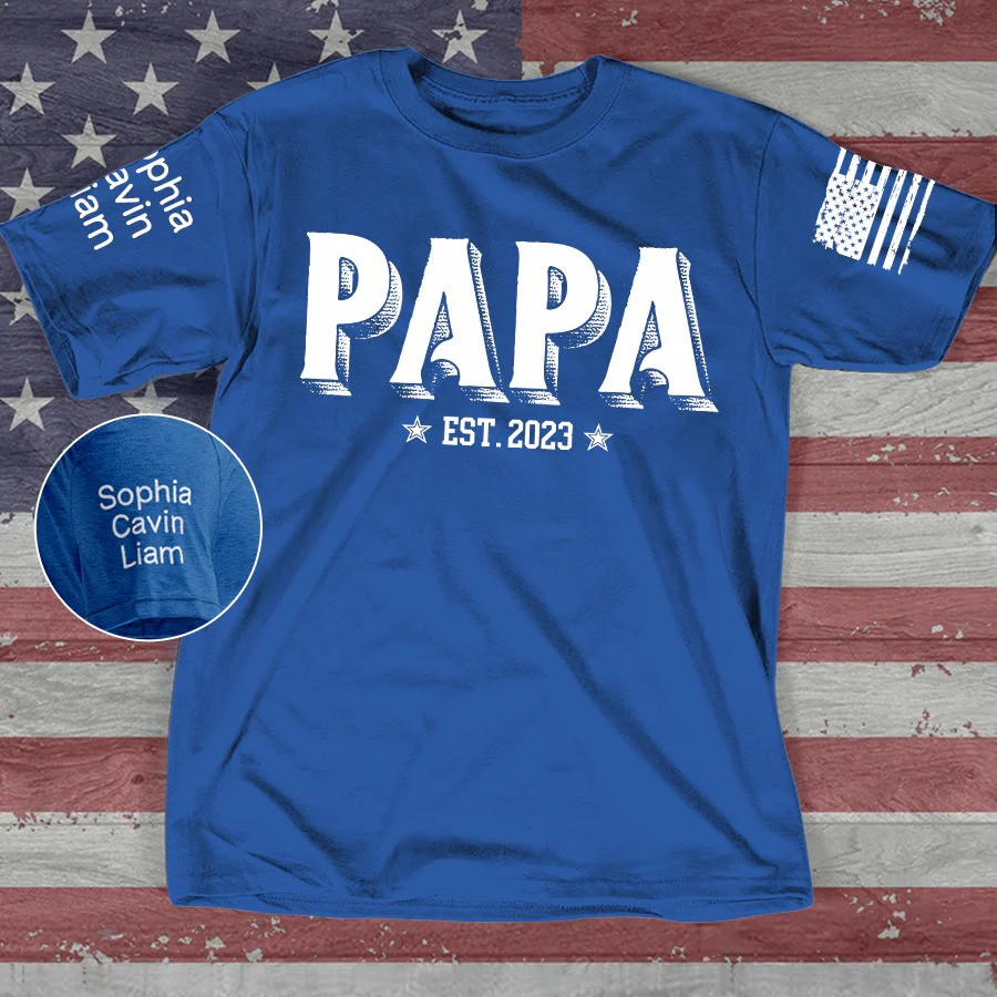Personalized Papa T Shirt Est 2023 Family Names College Letter Style Fathers Day Gift Ideas