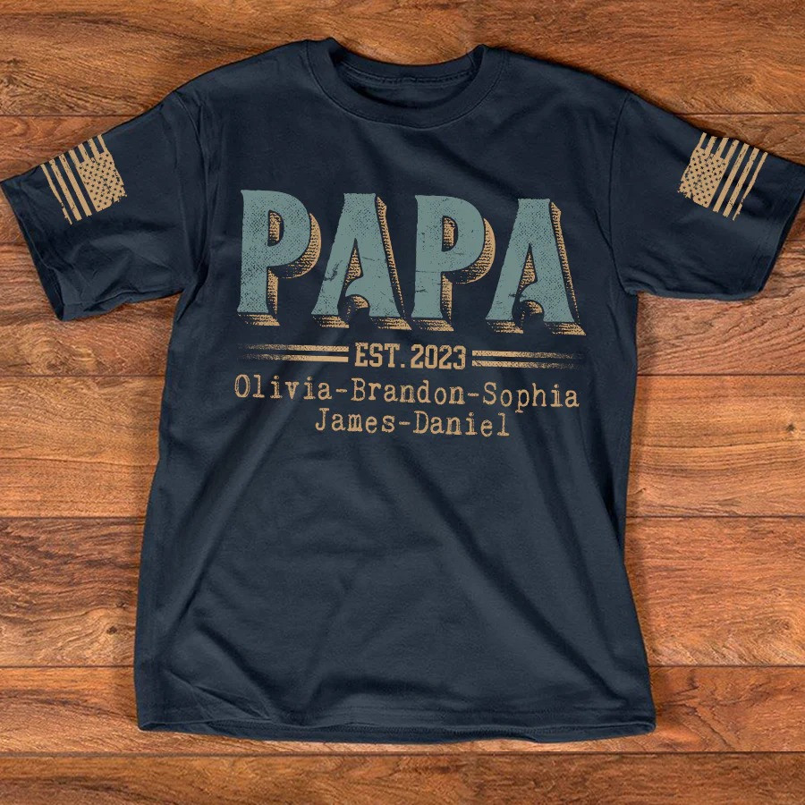 Personalized Papa T Shirt Est 2023 Family Names Patriotic Sleeve Fathers Day Gift Ideas