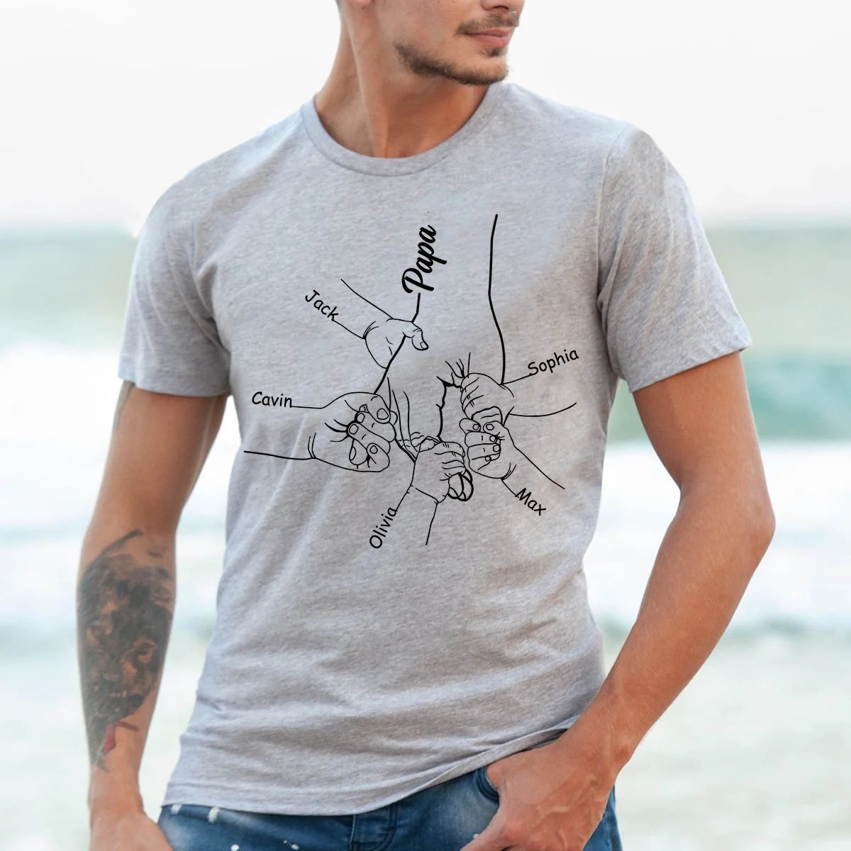Personalized Papa T Shirt Fist Bump Family Names Line Art Special Fathers Day Gift Ideas