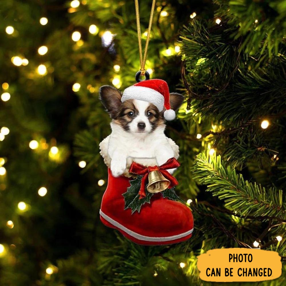 Personalized Papillon Dog In Santa Boot Christmas Hanging Ornament Joyful Home Ornament Decor