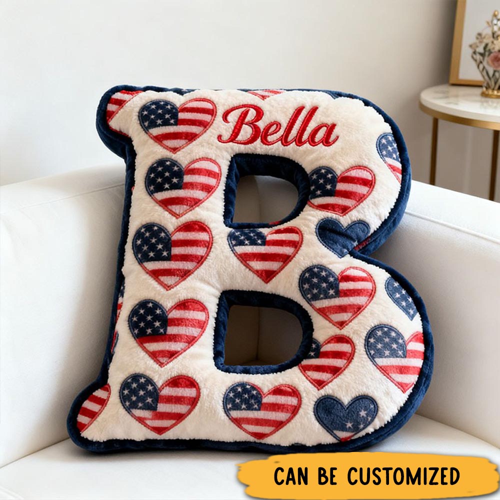 Personalized Patriotic Initial Pillow Graphic 3D Print Heartfelt Americana Decor Letter Throw Pillow Custom Christmas Home Decor Pillow for Boyfriend