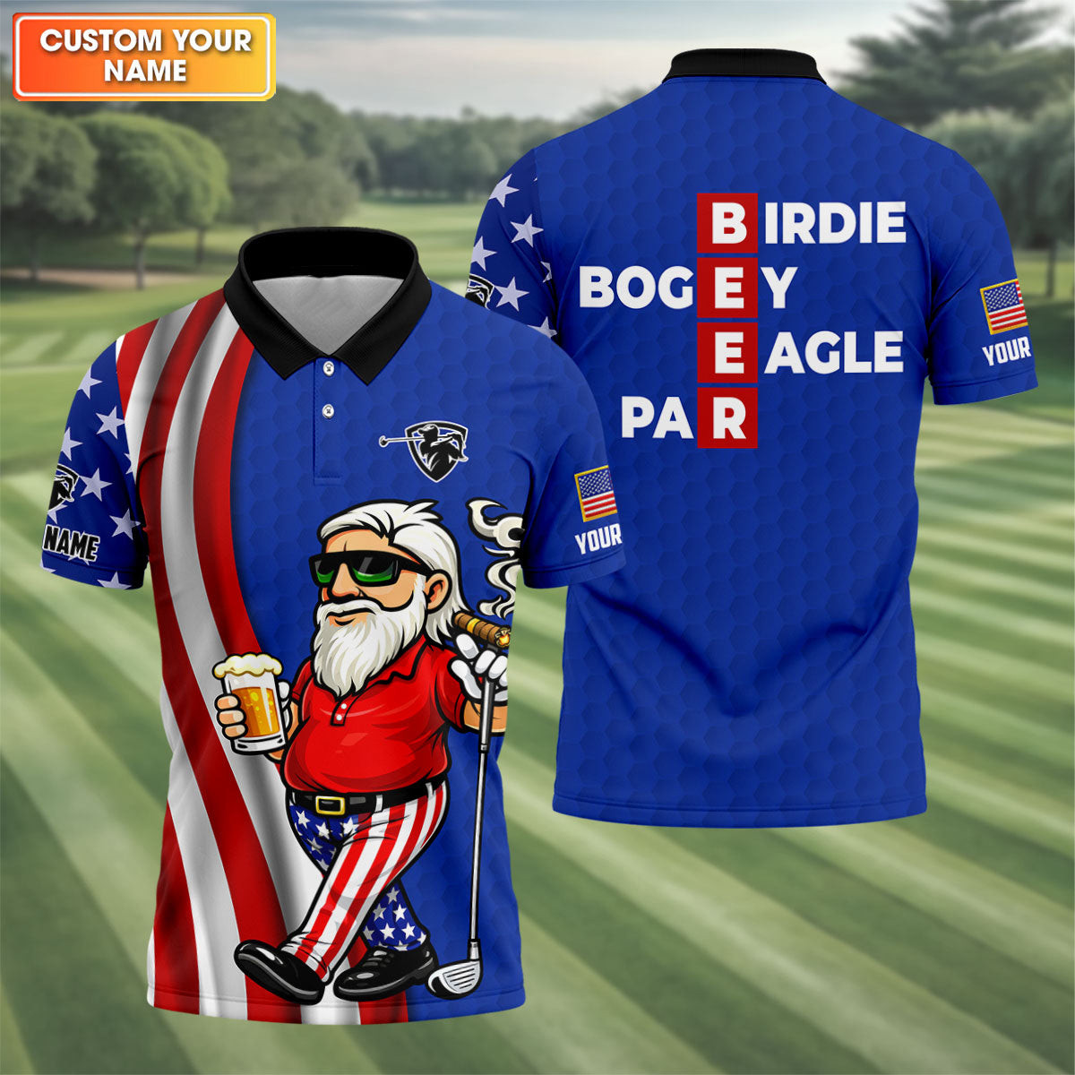 Personalized Patriotic Man Golf And Beer Funny 4th Of July Polo Shirt Holiday Gift For Dad