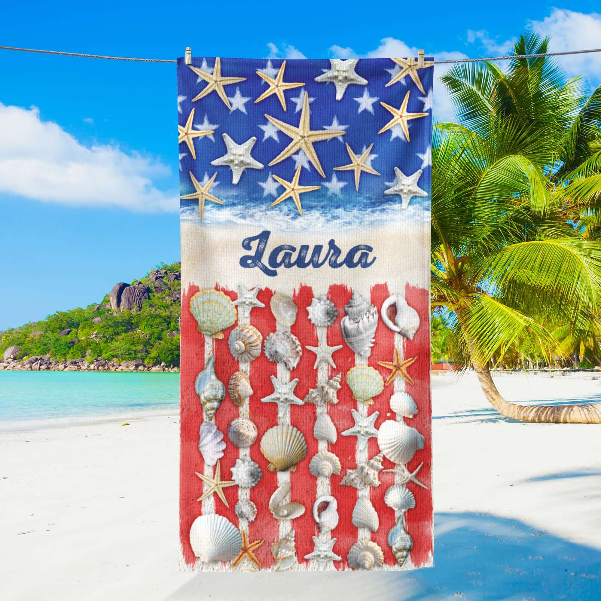 Personalized Patriotic Summer Beach Starfish American Beach Towel