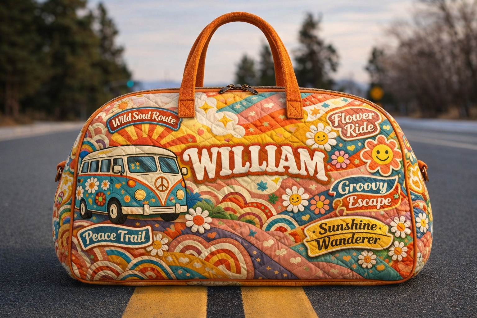 Personalized Peace Trail Hippie Bus Quilted Duffle Bag Sunshine Wanderer Groovy Escape Best Gift Ideas