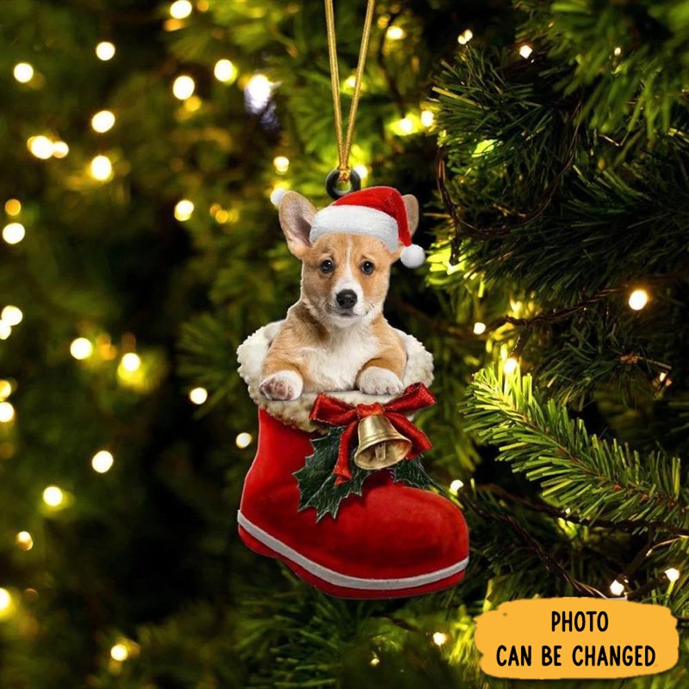 Personalized Pembroke Welsh Corgi Fawn & White In Santa Boot Christmas Hanging Ornament Adorable Easter Ornament Keepsake
