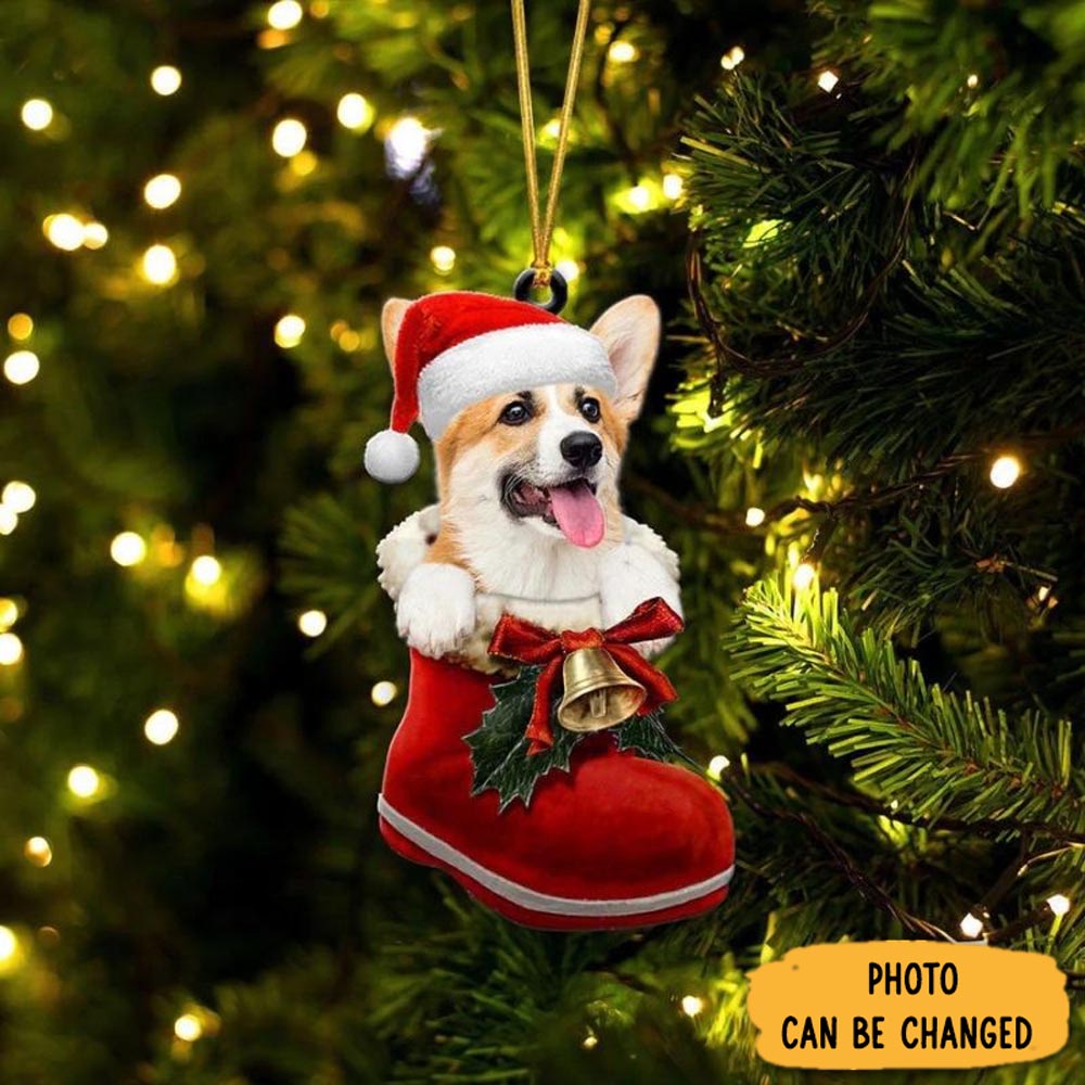 Personalized Pembroke Welsh Corgi In Santa Boot Christmas Hanging Ornament Meaningful Birthday Ornament Gift