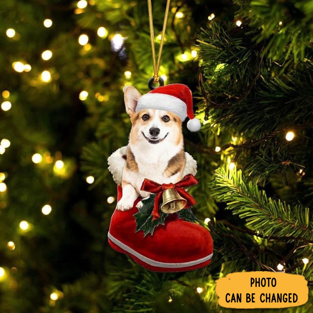 Personalized Pembroke Welsh Corgi Red & White In Santa Boot Christmas Hanging Ornament Joyful Holiday Season Ornament Gift