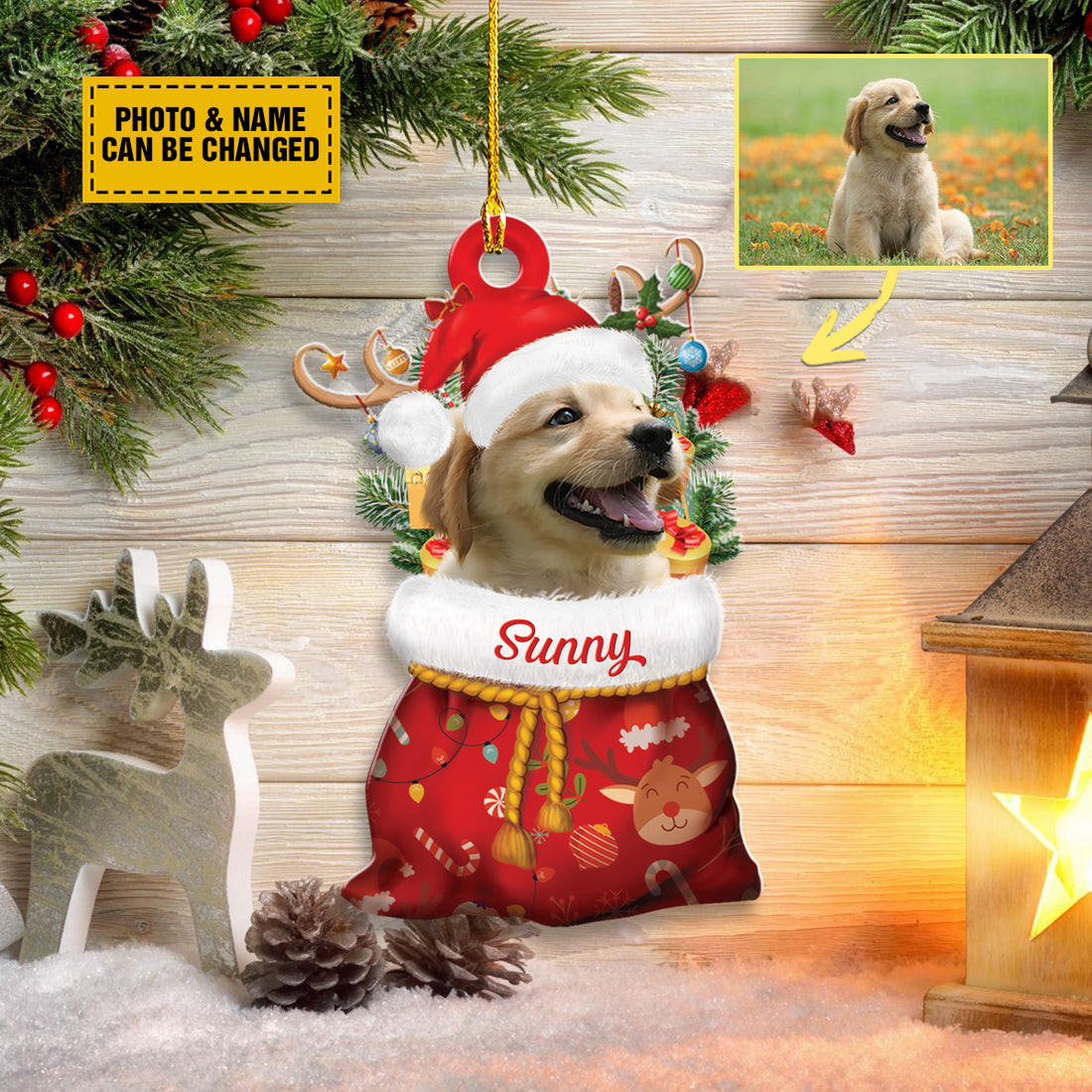 Personalized Pet Photo Santa Sack Christmas Ornament Pet With Christmas Hat And Antlers Gift For Christmas