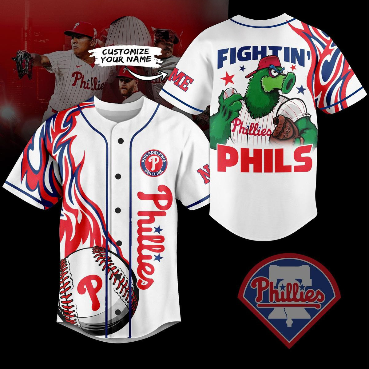 Personalized Philadelphia Phillies Fightin' Phils Flames Baseball Jersey Cool Baseball Gifts
